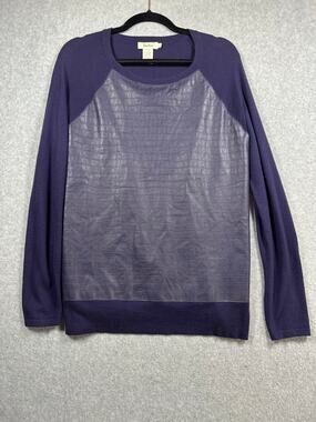 Neiman Marcus Croc Leather Knit Sweater Women's Large Navy Cashmere Angora